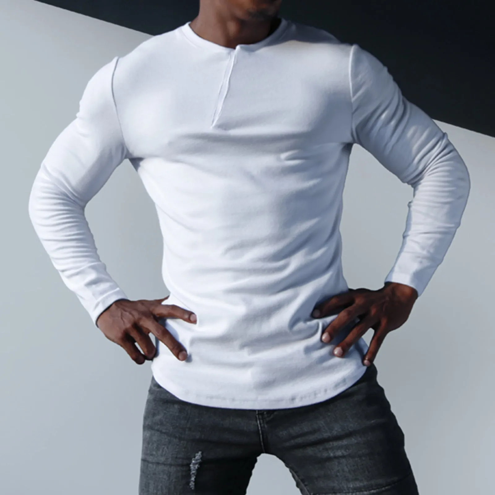 SOLID COLOR OBLIQUE COLLAR LONG SLEEVE T-SHIRT