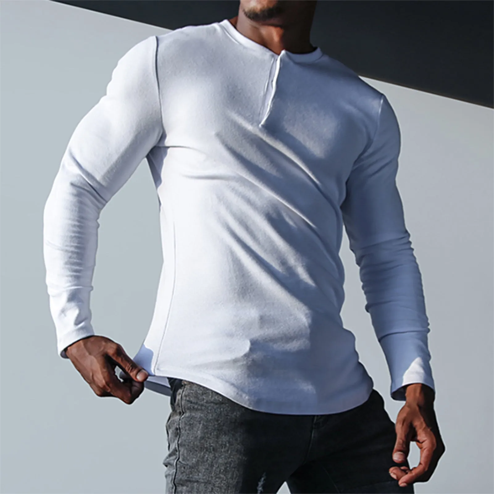 SOLID COLOR OBLIQUE COLLAR LONG SLEEVE T-SHIRT
