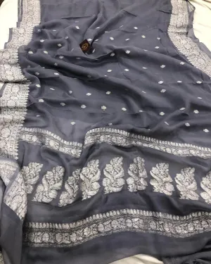 Steel Grey Banarasi Khaddi Georgette Elegant Saree