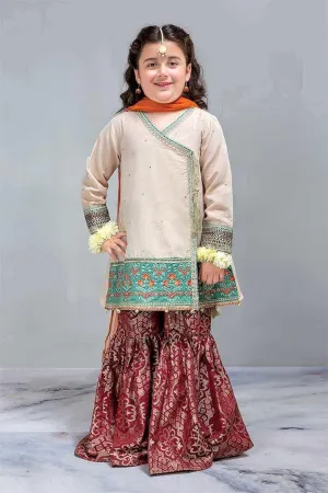 Stylish Skin Gold Angrakha with Gharara Dress for Kids - k804