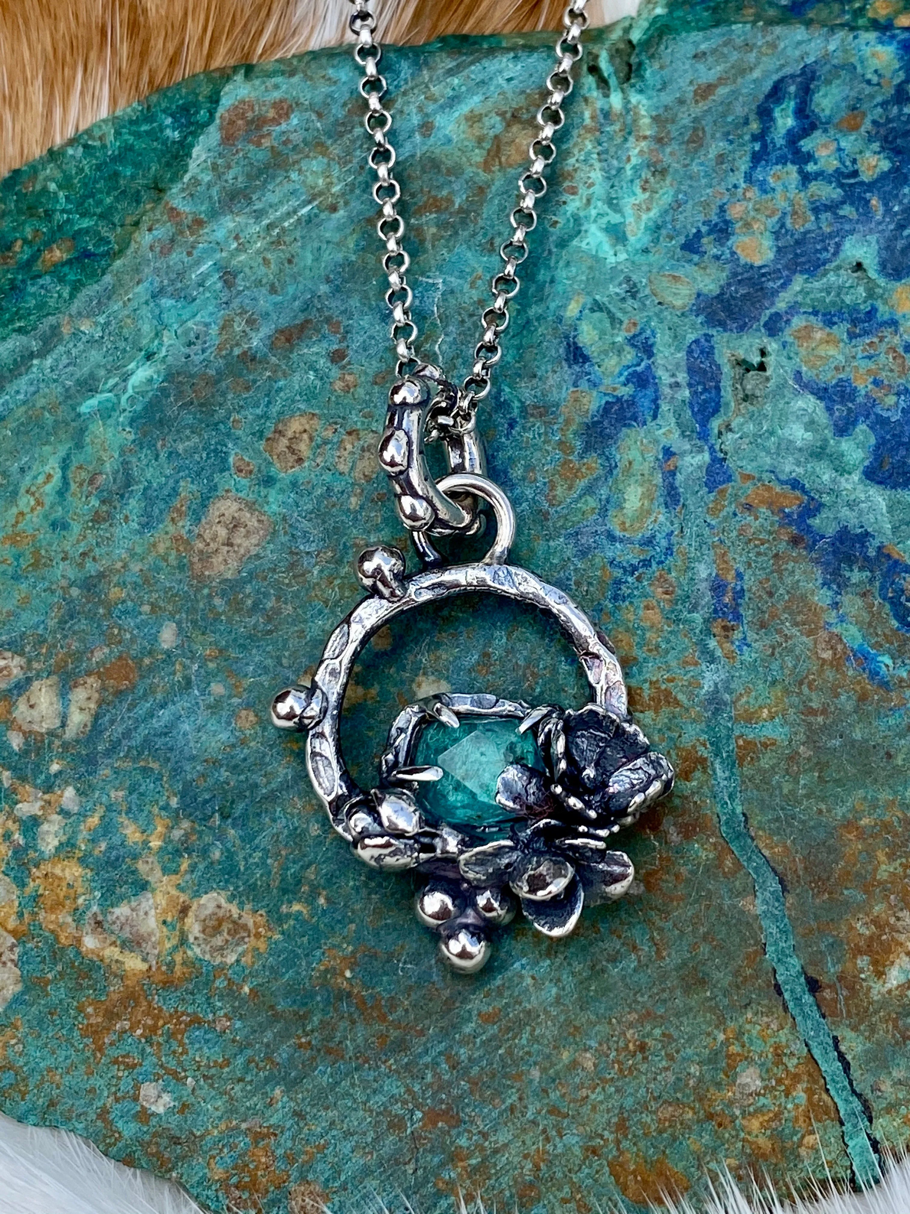Succulents and Apetite rose cut sterling silver necklace