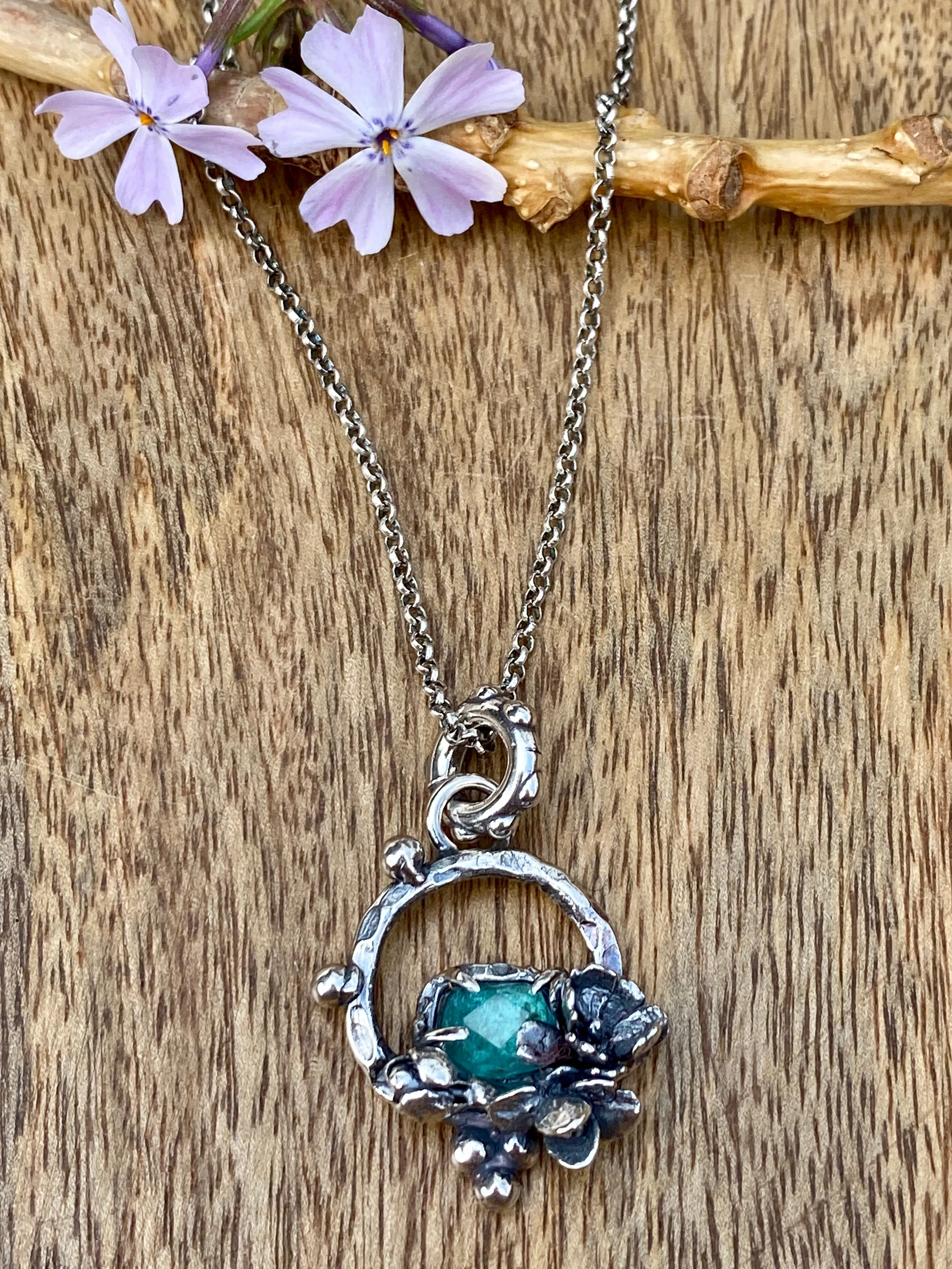 Succulents and Apetite rose cut sterling silver necklace