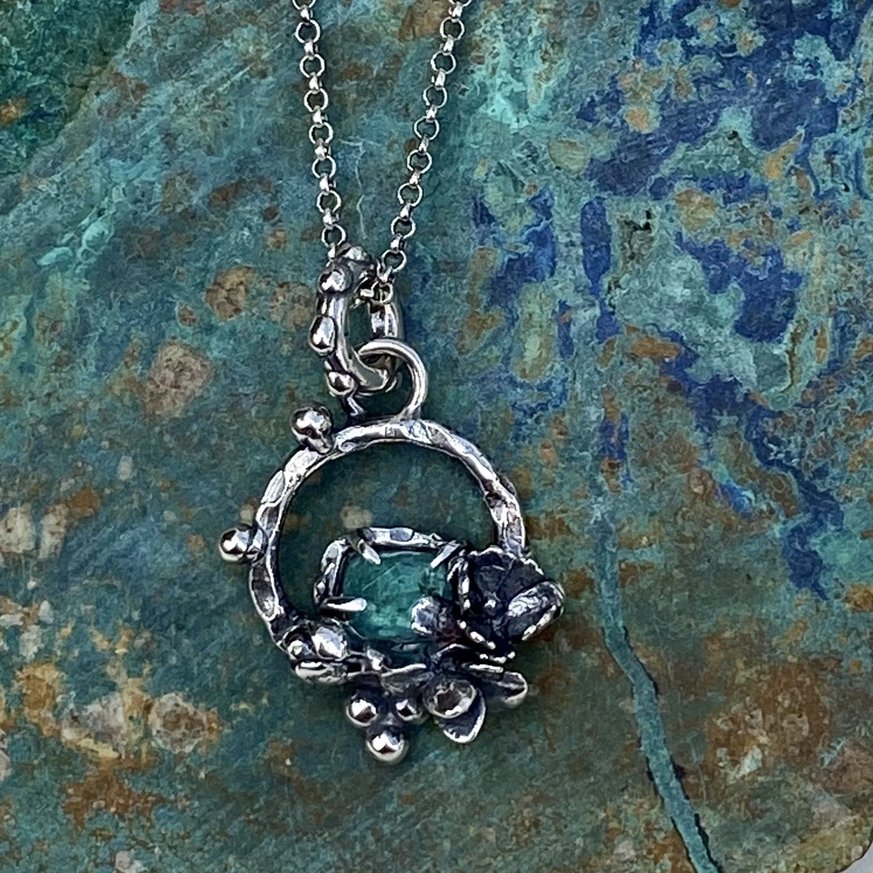 Succulents and Apetite rose cut sterling silver necklace