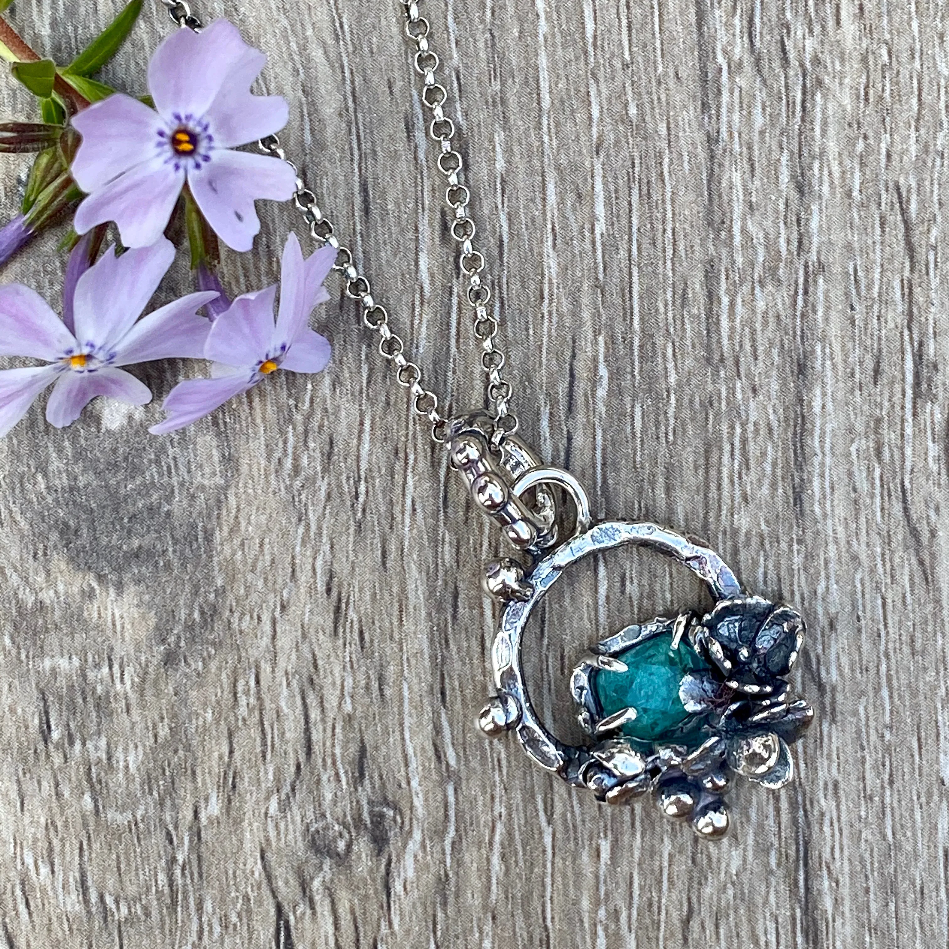 Succulents and Apetite rose cut sterling silver necklace