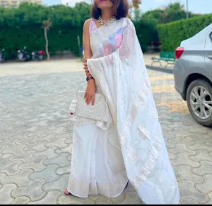 Trending Swan White Banarasi Khaddi Chiffon Saree
