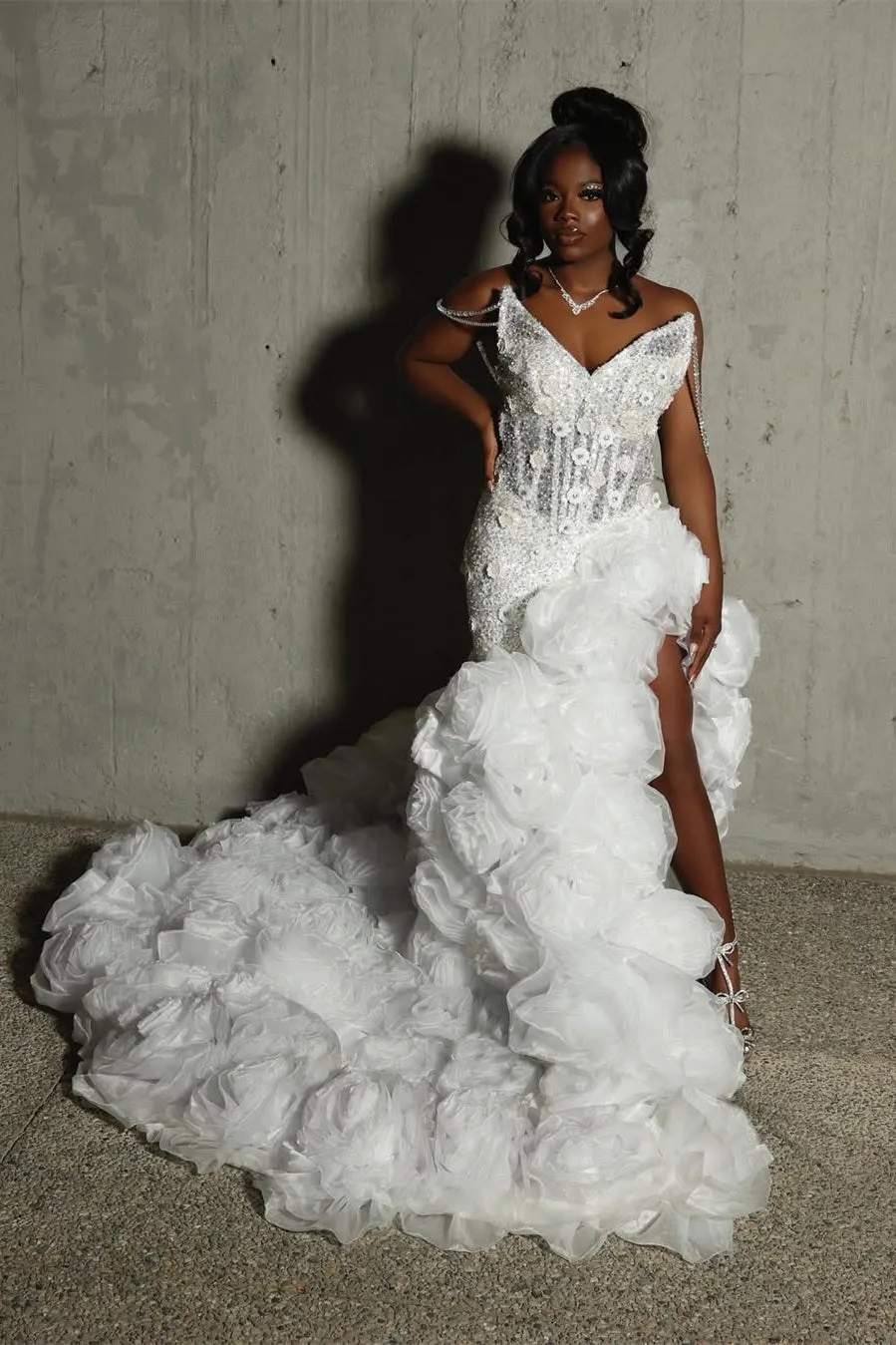 V-neck Ivory Flower Ruffles High Split Court Train Mermaid Prom Dresses