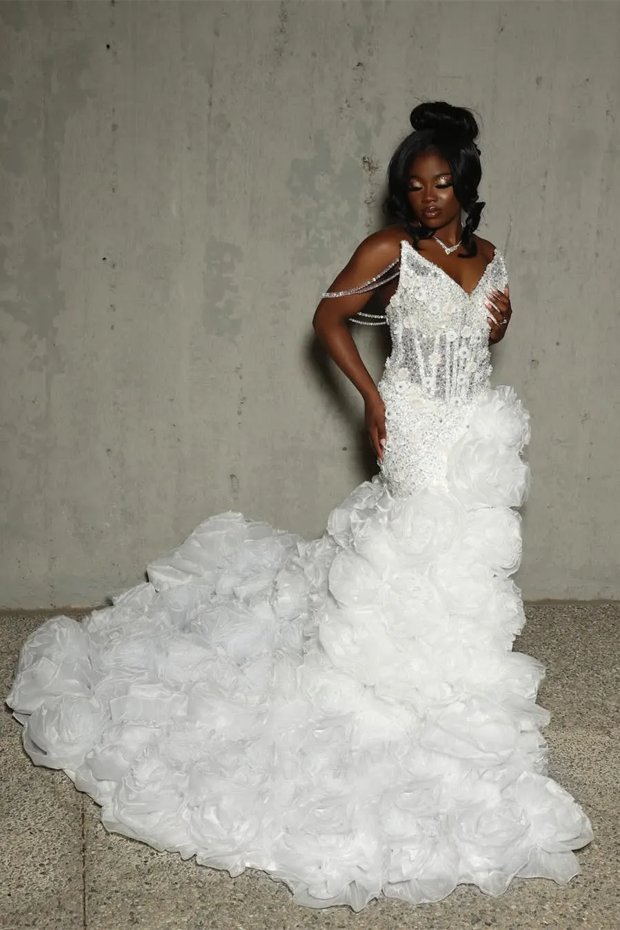 V-neck Ivory Flower Ruffles High Split Court Train Mermaid Prom Dresses