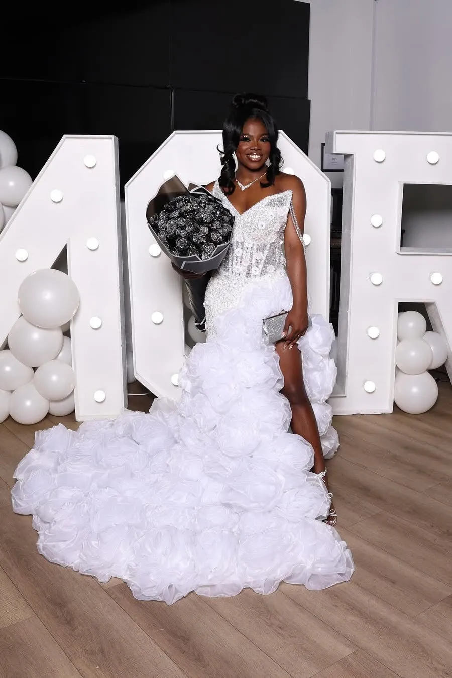 V-neck Ivory Flower Ruffles High Split Court Train Mermaid Prom Dresses