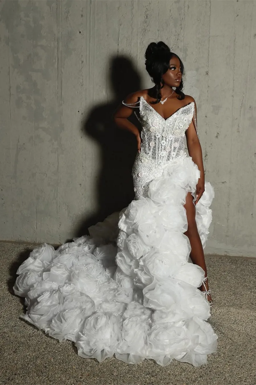V-neck Ivory Flower Ruffles High Split Court Train Mermaid Prom Dresses