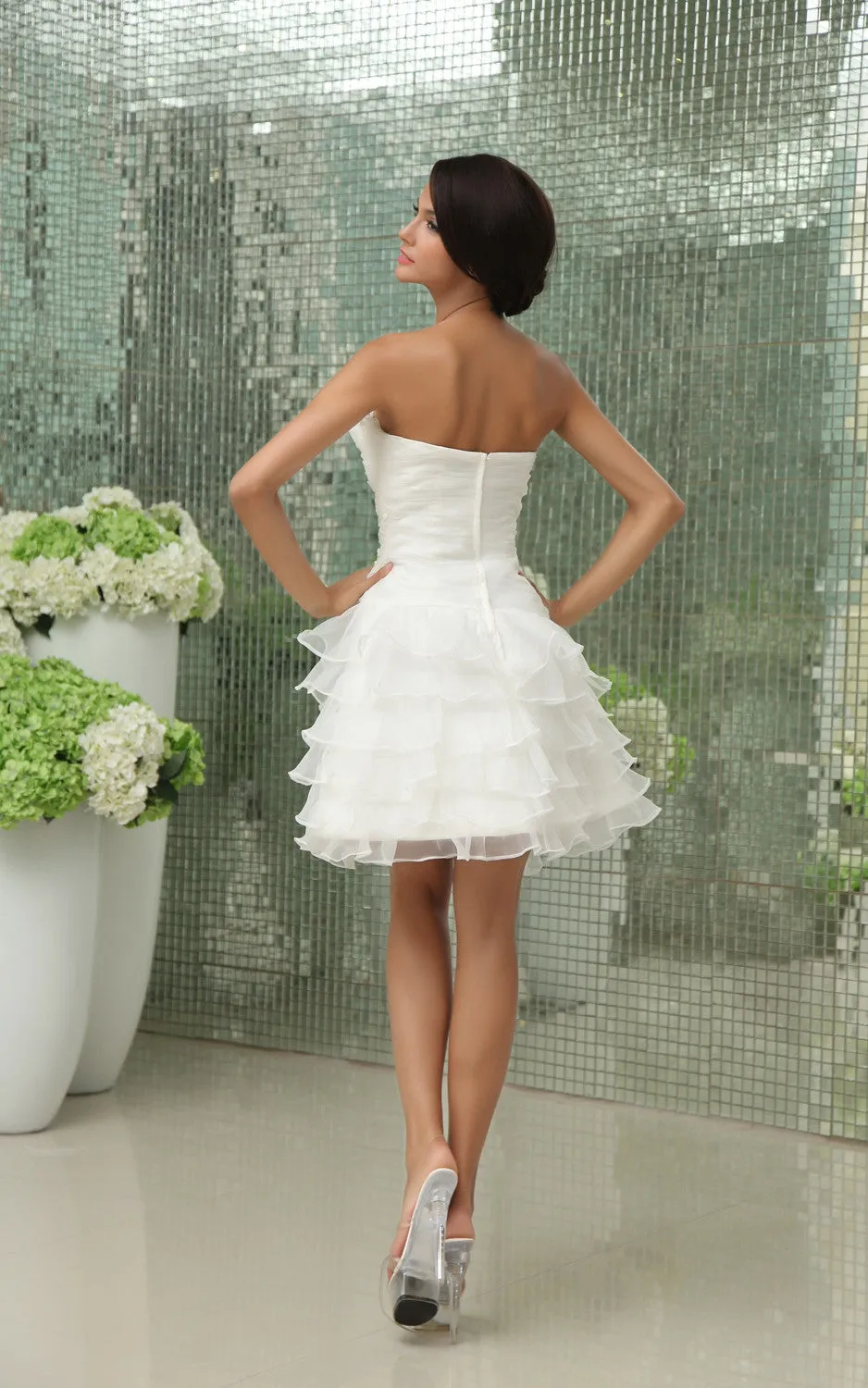 Vibrant Strapless Sleeveless  Short Wedding Gown With Apliques And Ruffles-GC_705002