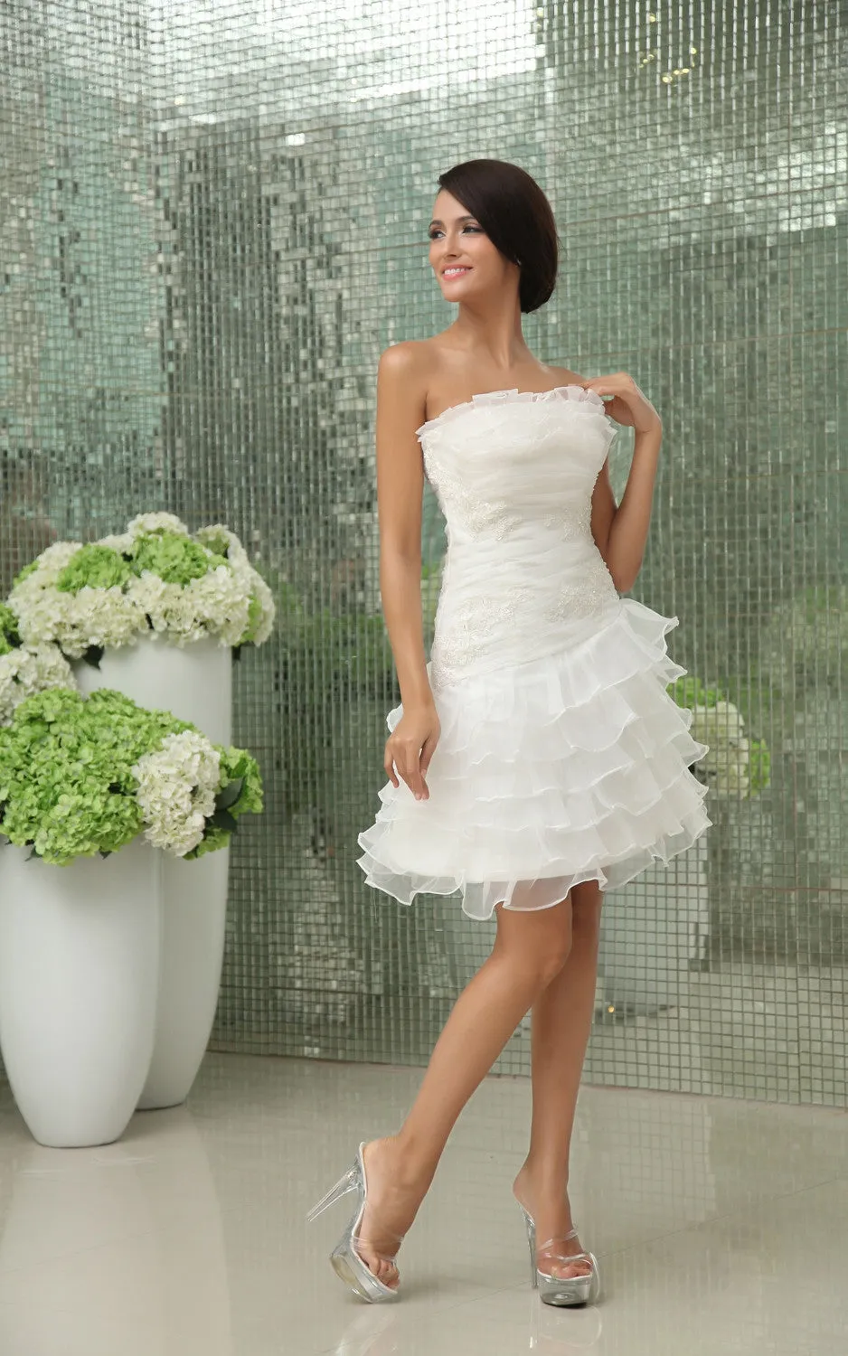 Vibrant Strapless Sleeveless  Short Wedding Gown With Apliques And Ruffles-GC_705002