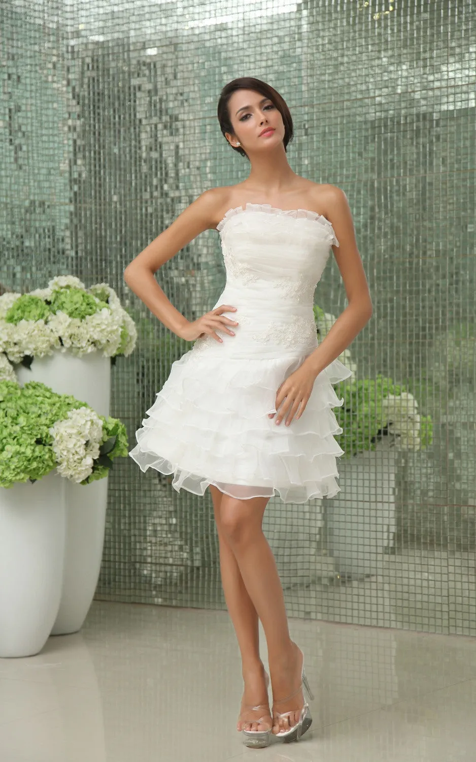 Vibrant Strapless Sleeveless  Short Wedding Gown With Apliques And Ruffles-GC_705002