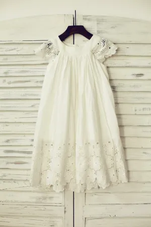 Vintage Ivory Cotton Eyelet Lace Cap Sleeves Flower Girl Dress