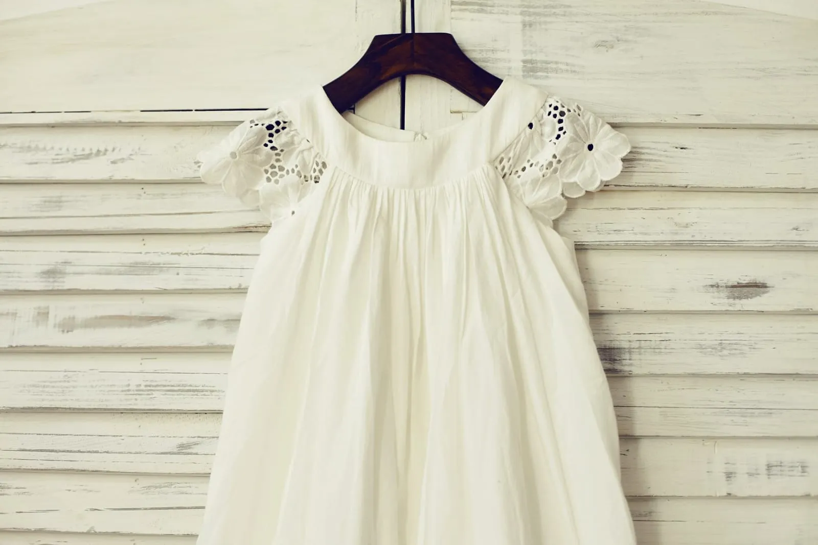 Vintage Ivory Cotton Eyelet Lace Cap Sleeves Flower Girl Dress