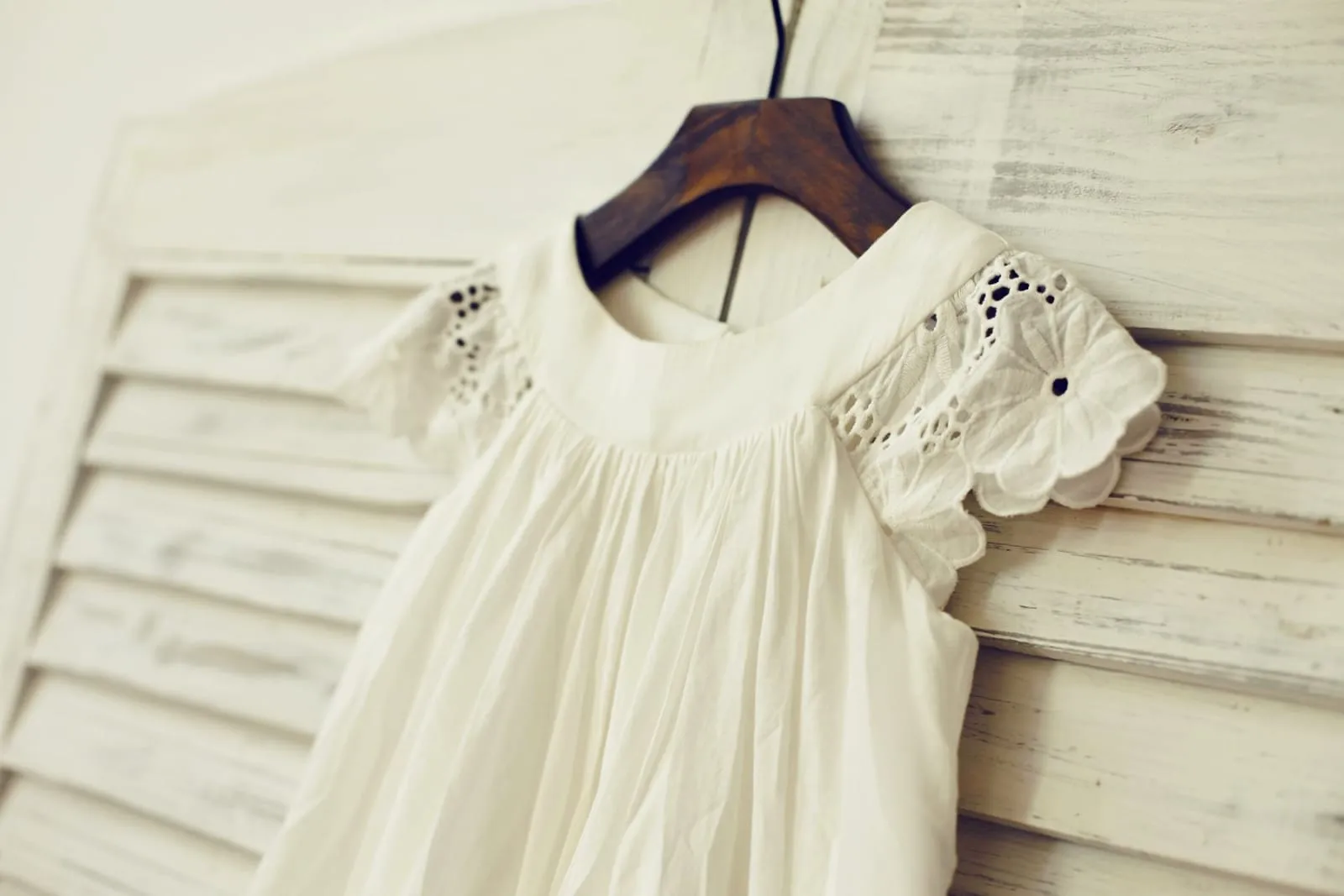 Vintage Ivory Cotton Eyelet Lace Cap Sleeves Flower Girl Dress