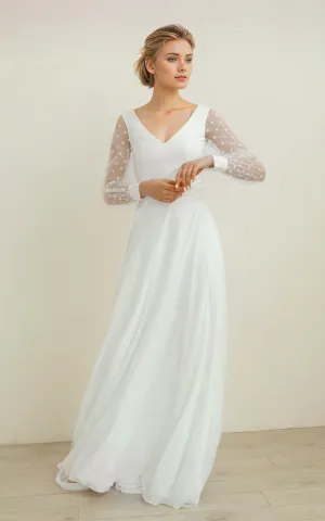 Vintage Polka Dot Long Sleeve Wedding Dress Rustic Illusion V-Neck Pearl Botton Back Train Bridal Gown
