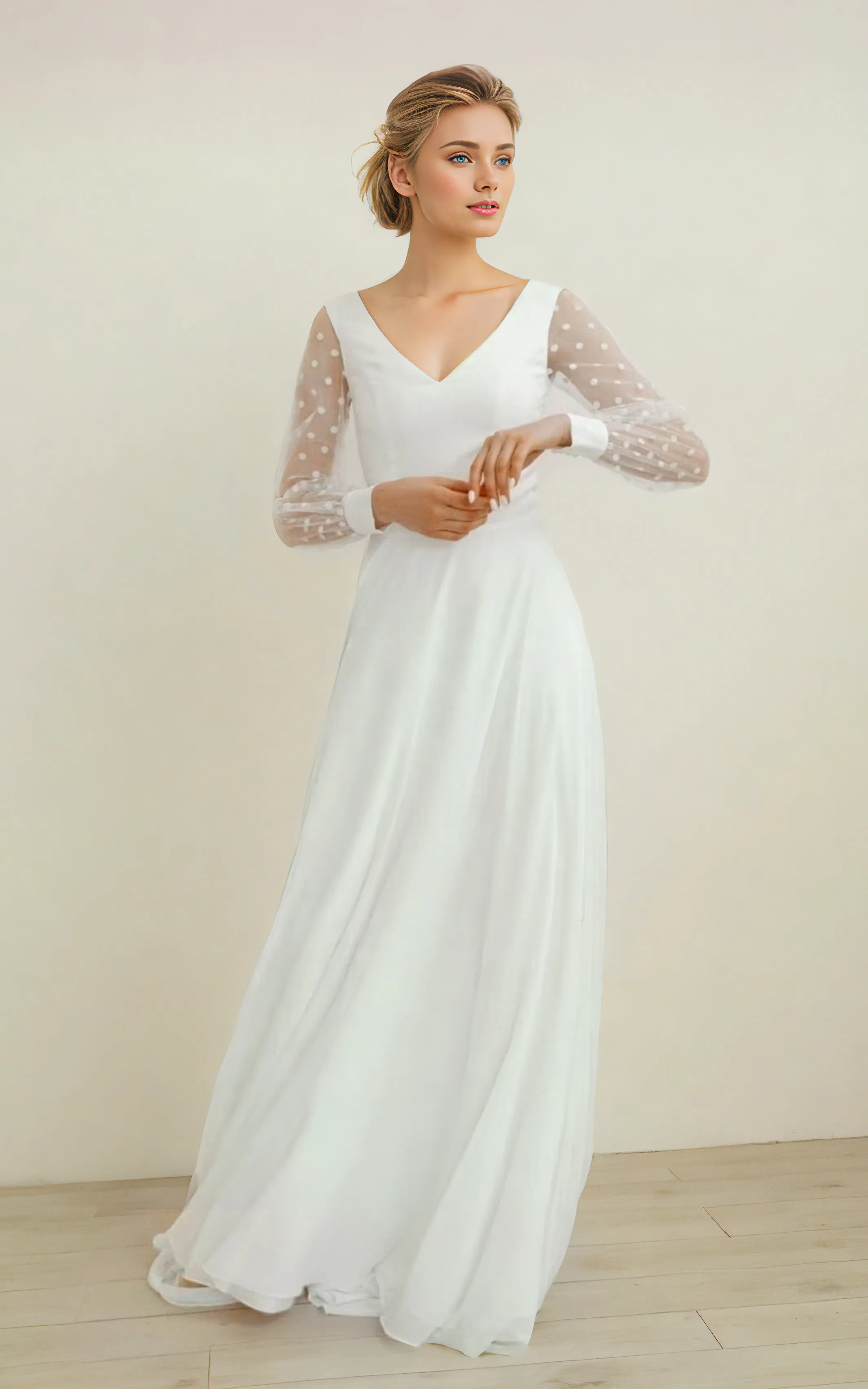 Vintage Polka Dot Long Sleeve Wedding Dress Rustic Illusion V-Neck Pearl Botton Back Train Bridal Gown