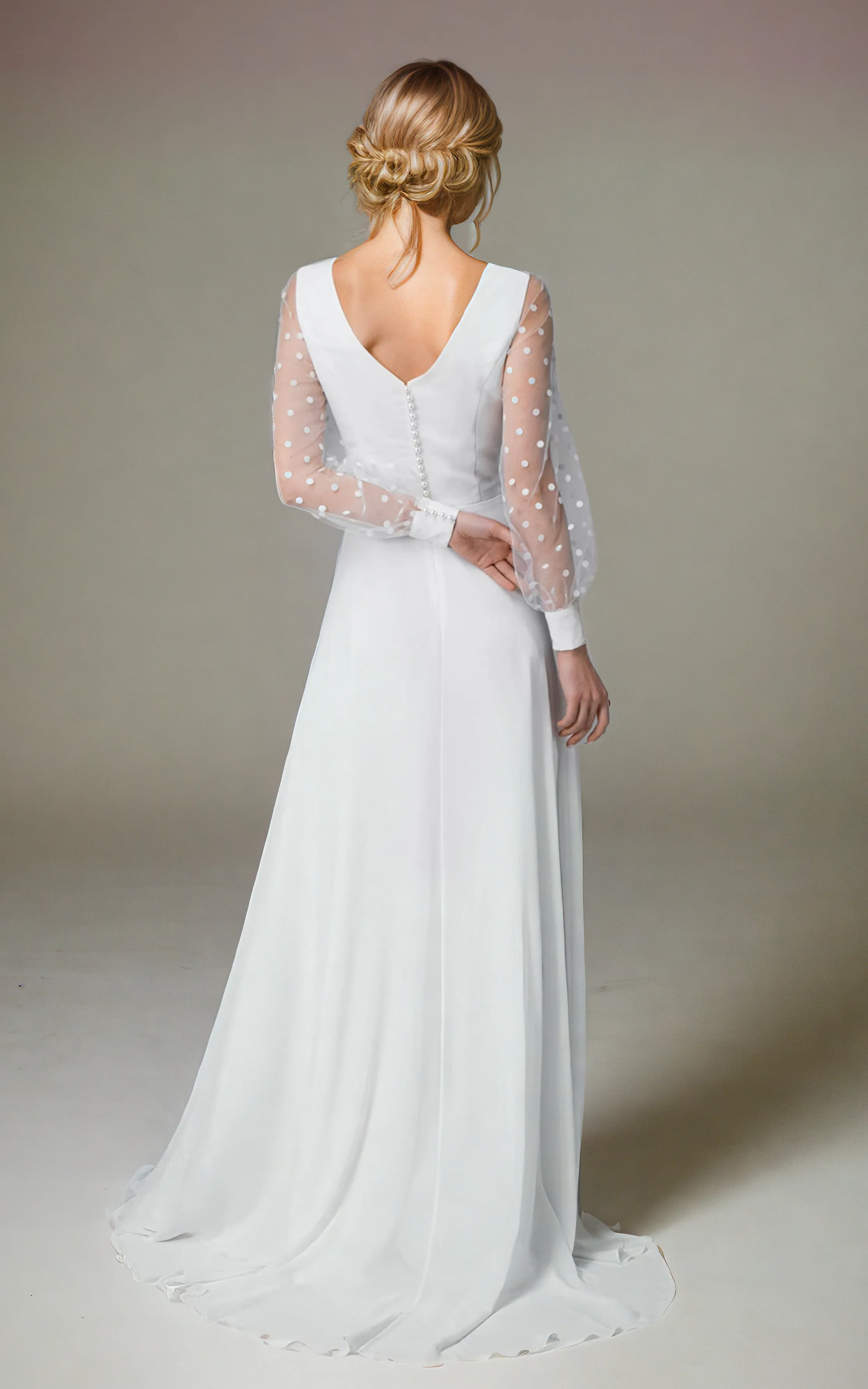 Vintage Polka Dot Long Sleeve Wedding Dress Rustic Illusion V-Neck Pearl Botton Back Train Bridal Gown