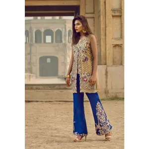 Wedding party dress on organza tissue cloth in blue and golden color with perls threds nagh zari and dabka work Model# P 531