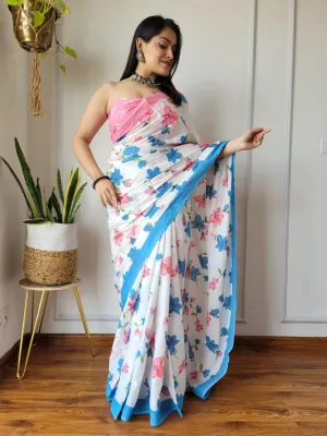 White Floral Hand Block Print MulMul Cotton Saree