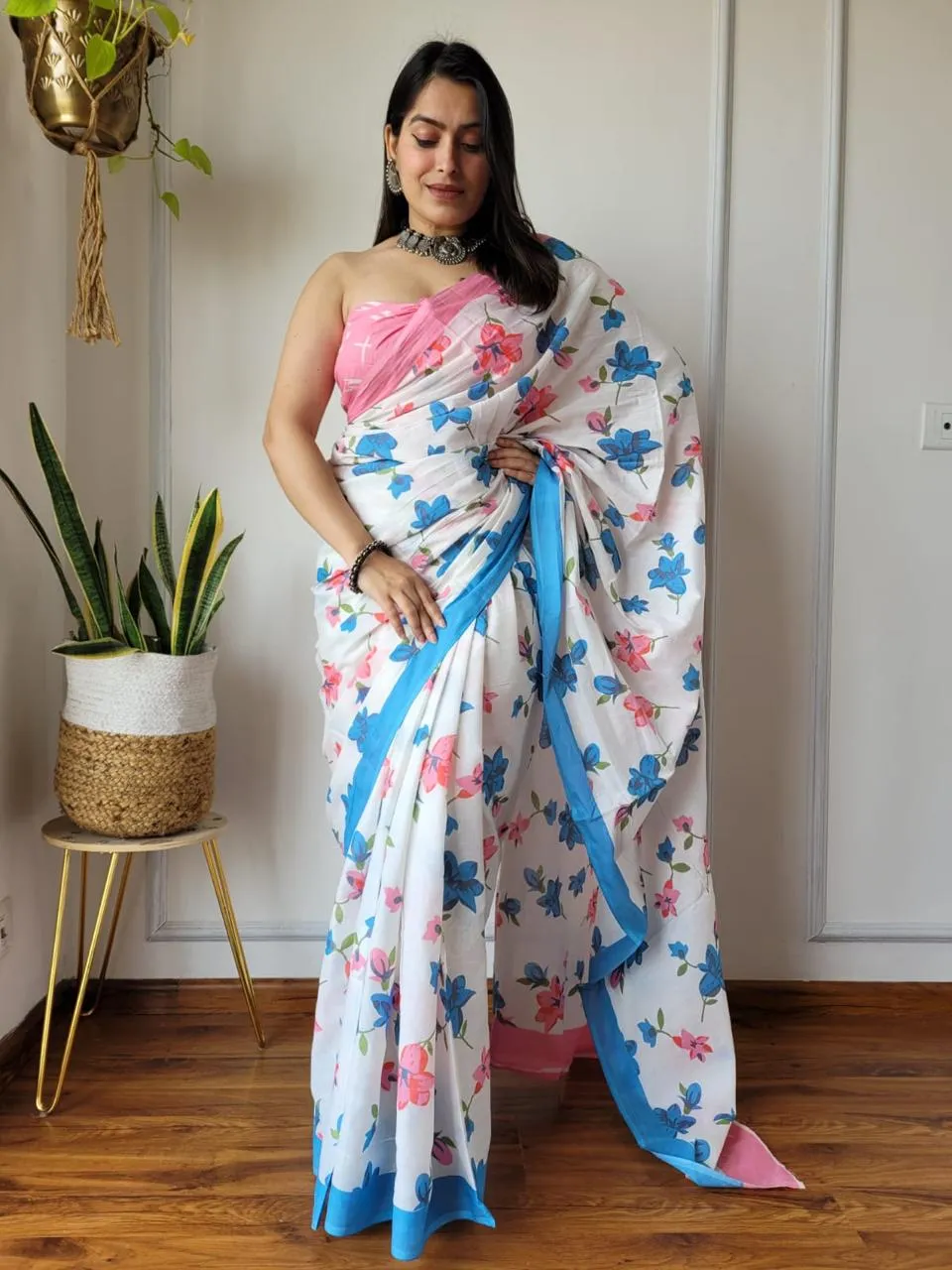 White Floral Hand Block Print MulMul Cotton Saree