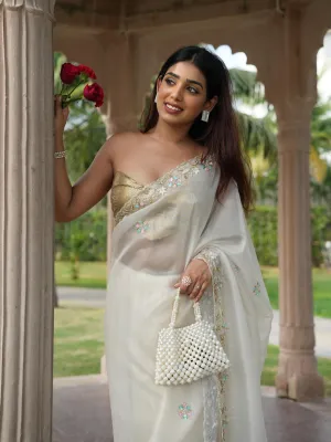 White Gold Organza Saree with Multicolour Hand Embroidery with Sequins and Beads with Blouse Fabric