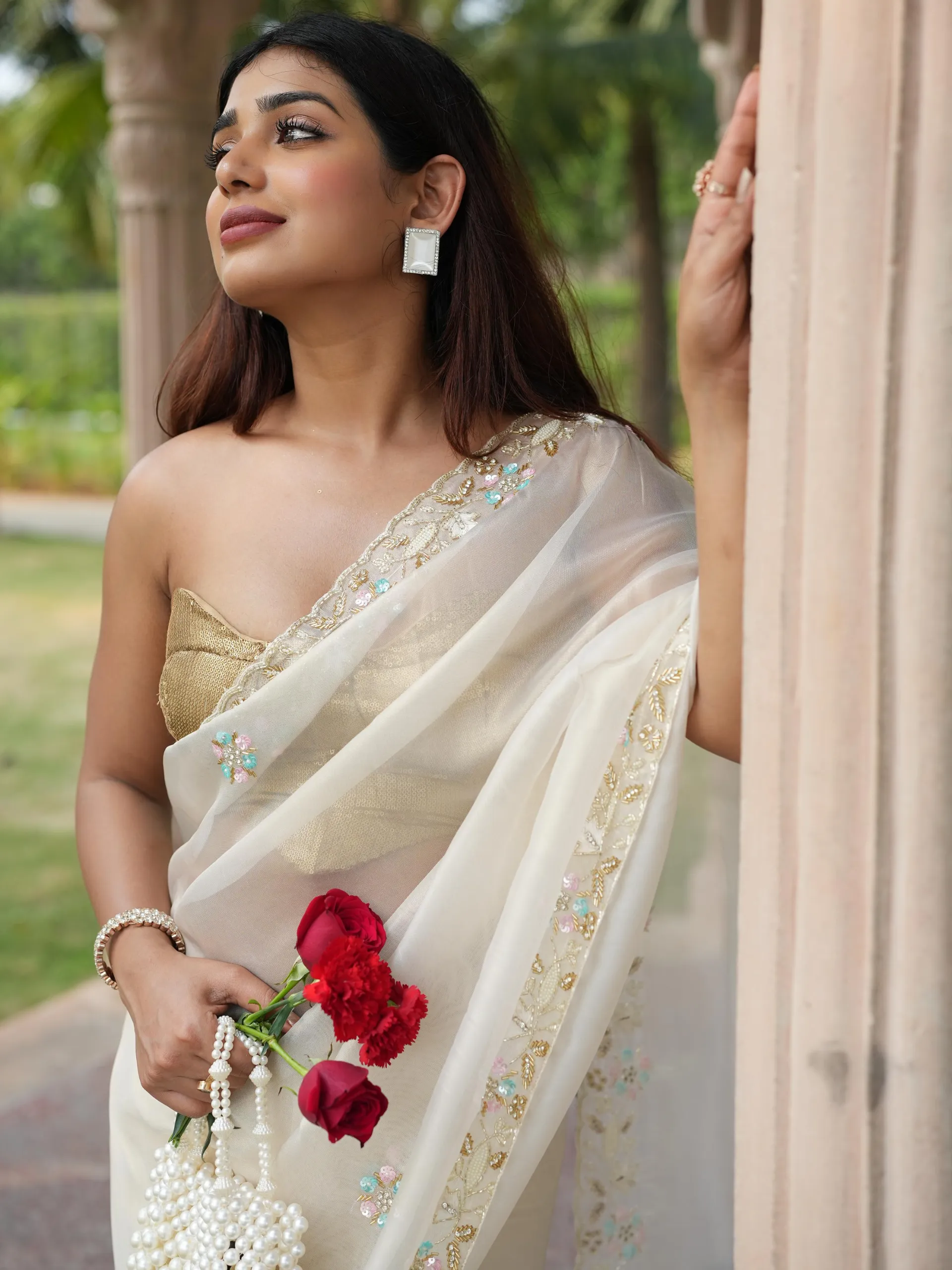 White Gold Organza Saree with Multicolour Hand Embroidery with Sequins and Beads with Blouse Fabric