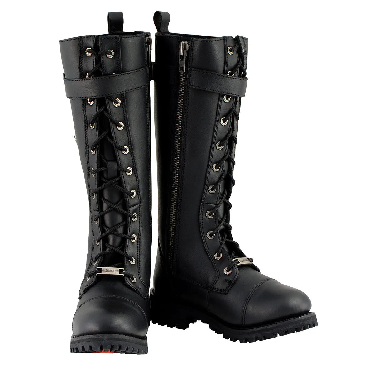 WIDE MBL9355W Women's 'Wide Width' Black 14-inch Lace-Up High Rise Motorcycle Leather Boots