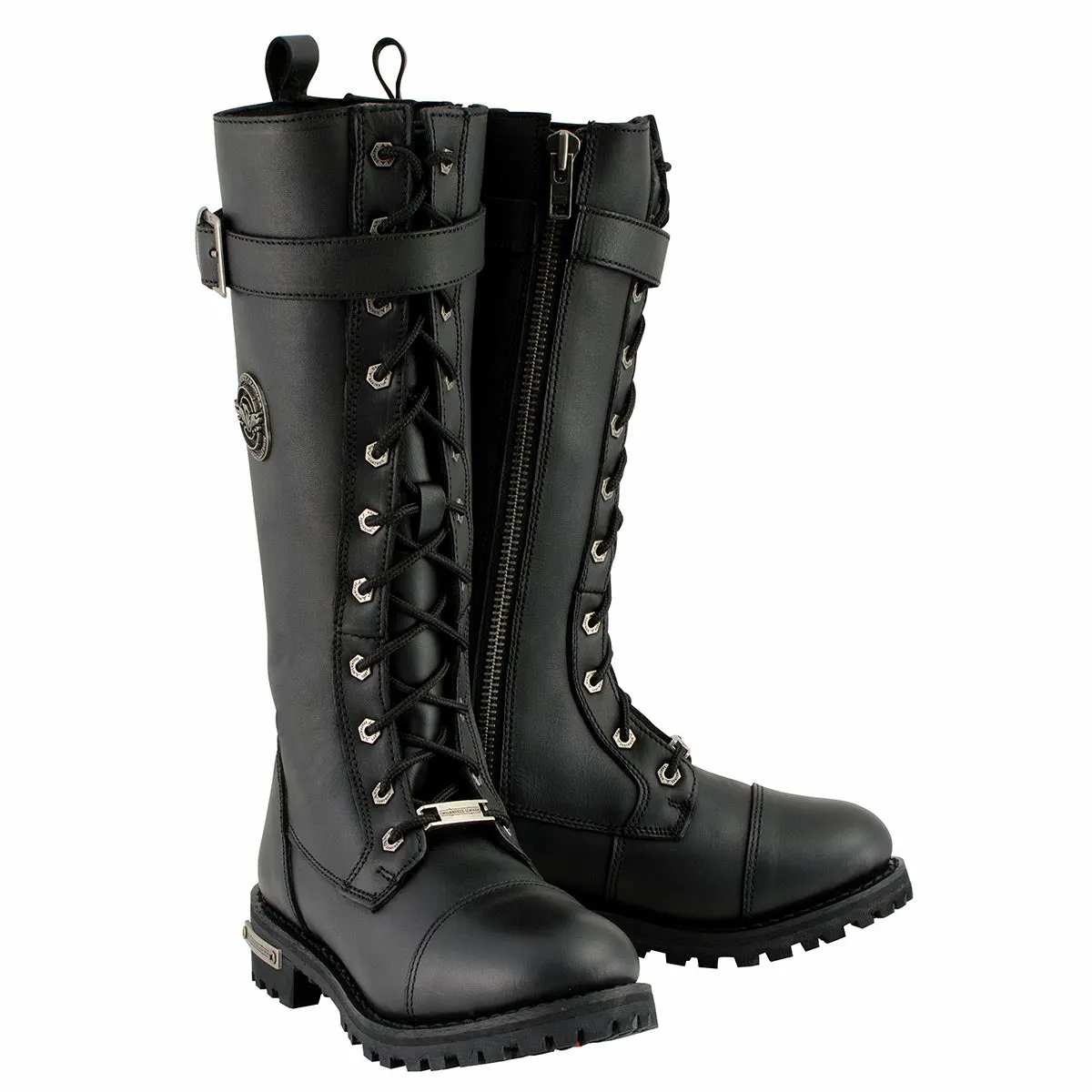 WIDE MBL9355W Women's 'Wide Width' Black 14-inch Lace-Up High Rise Motorcycle Leather Boots