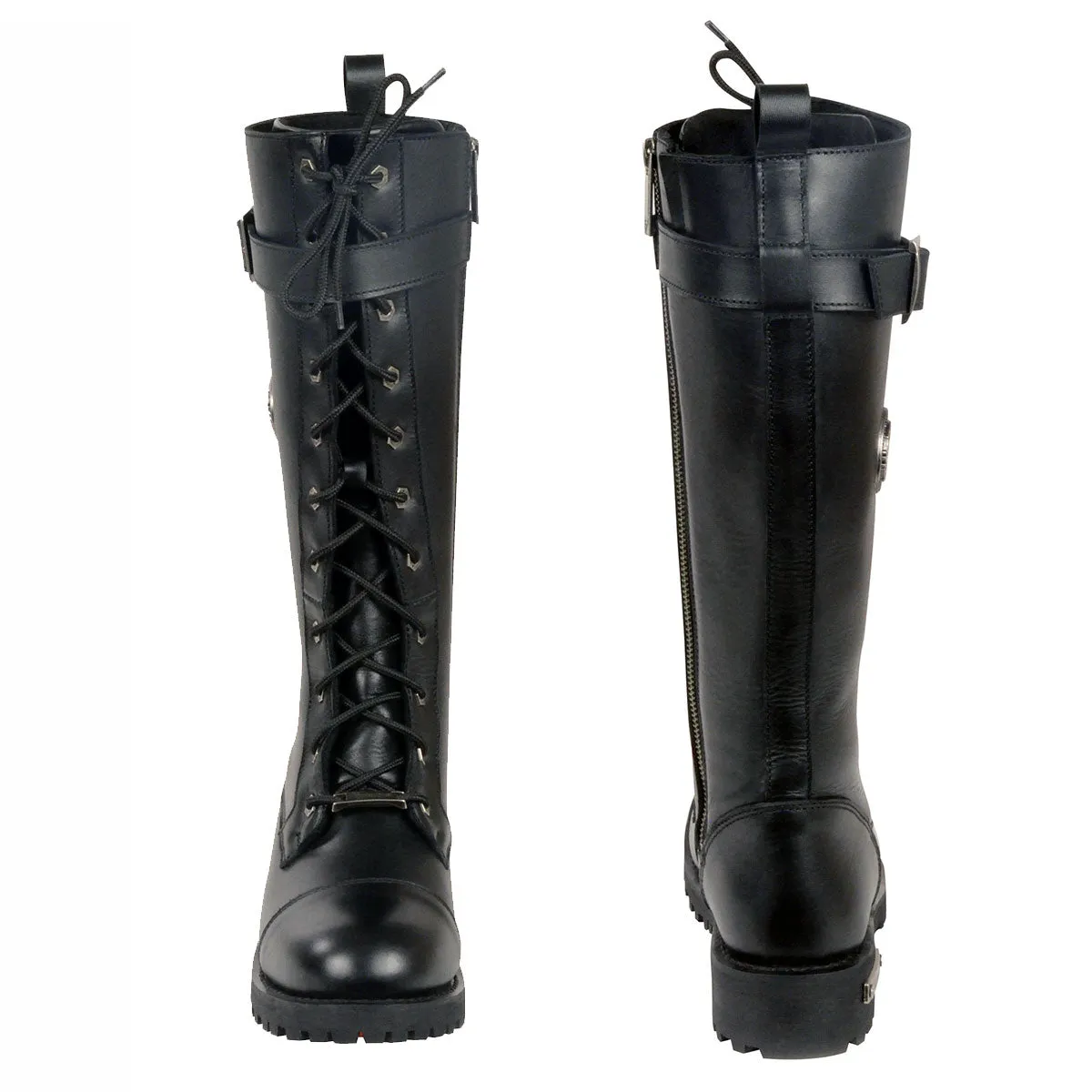 WIDE MBL9355W Women's 'Wide Width' Black 14-inch Lace-Up High Rise Motorcycle Leather Boots
