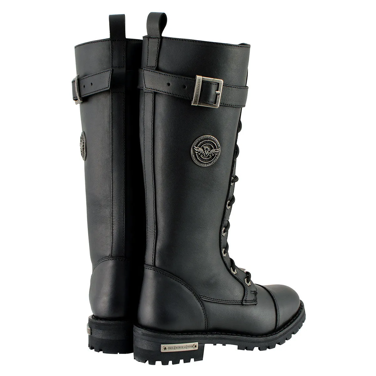 WIDE MBL9355W Women's 'Wide Width' Black 14-inch Lace-Up High Rise Motorcycle Leather Boots