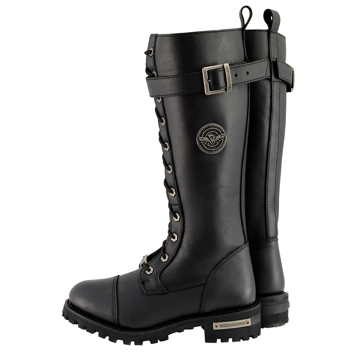 WIDE MBL9355W Women's 'Wide Width' Black 14-inch Lace-Up High Rise Motorcycle Leather Boots