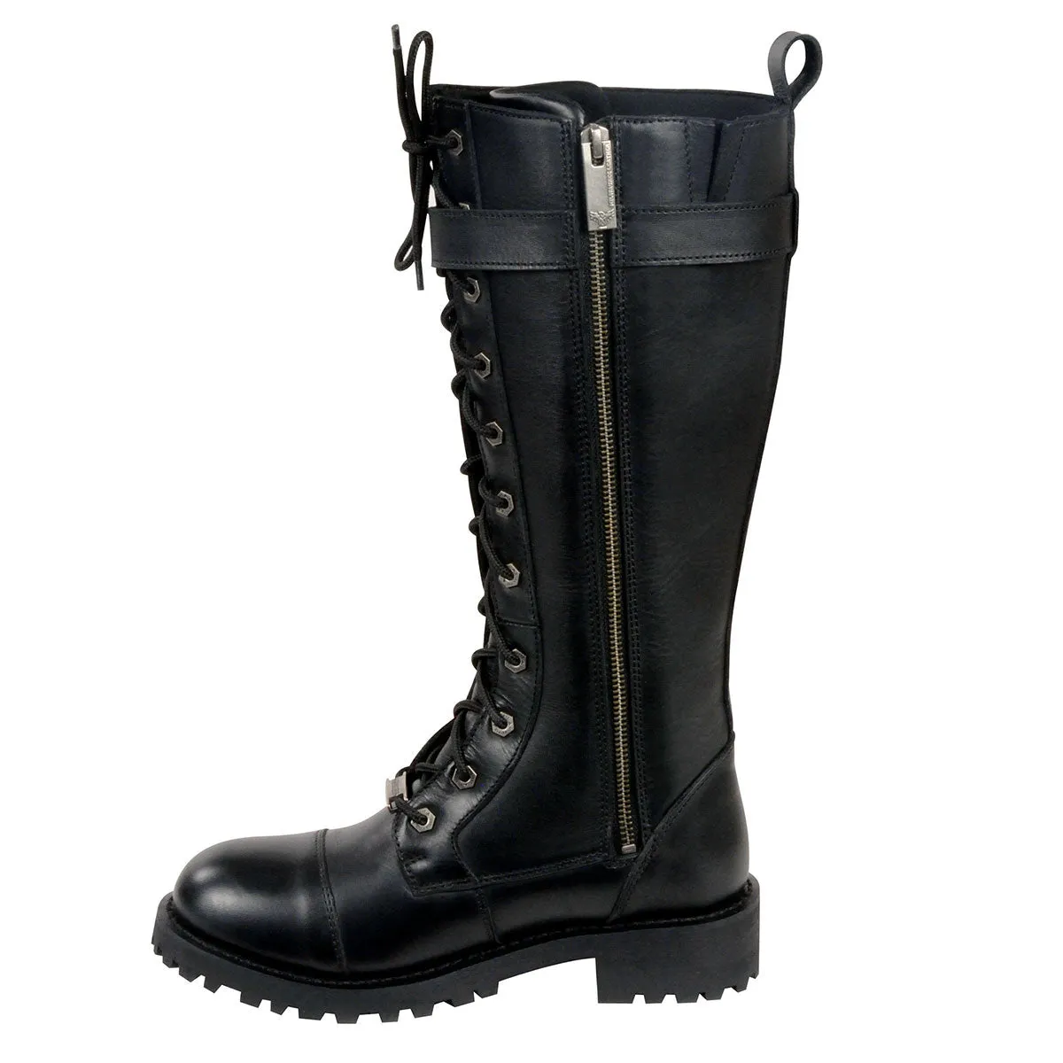 WIDE MBL9355W Women's 'Wide Width' Black 14-inch Lace-Up High Rise Motorcycle Leather Boots