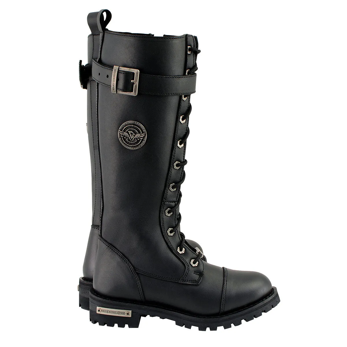 WIDE MBL9355W Women's 'Wide Width' Black 14-inch Lace-Up High Rise Motorcycle Leather Boots