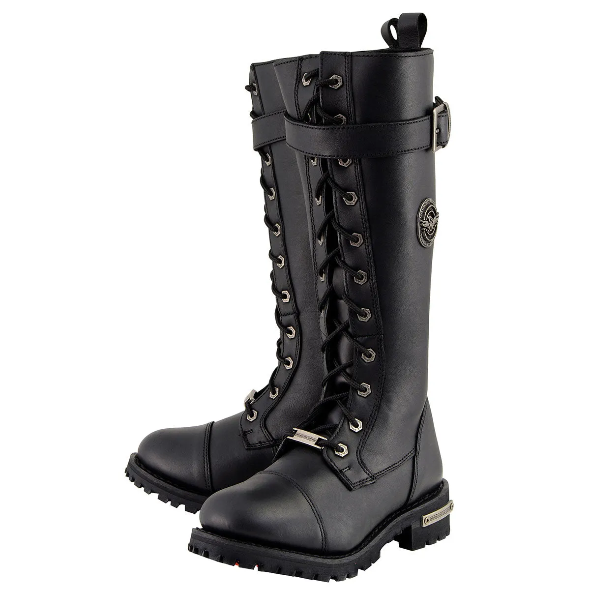 WIDE MBL9355W Women's 'Wide Width' Black 14-inch Lace-Up High Rise Motorcycle Leather Boots