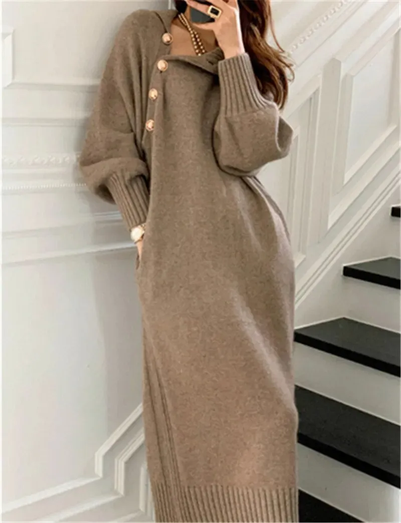 Women Knitted Dress Elegant Full Sleeve Turtleneck Sweater Dress with Button Decoration