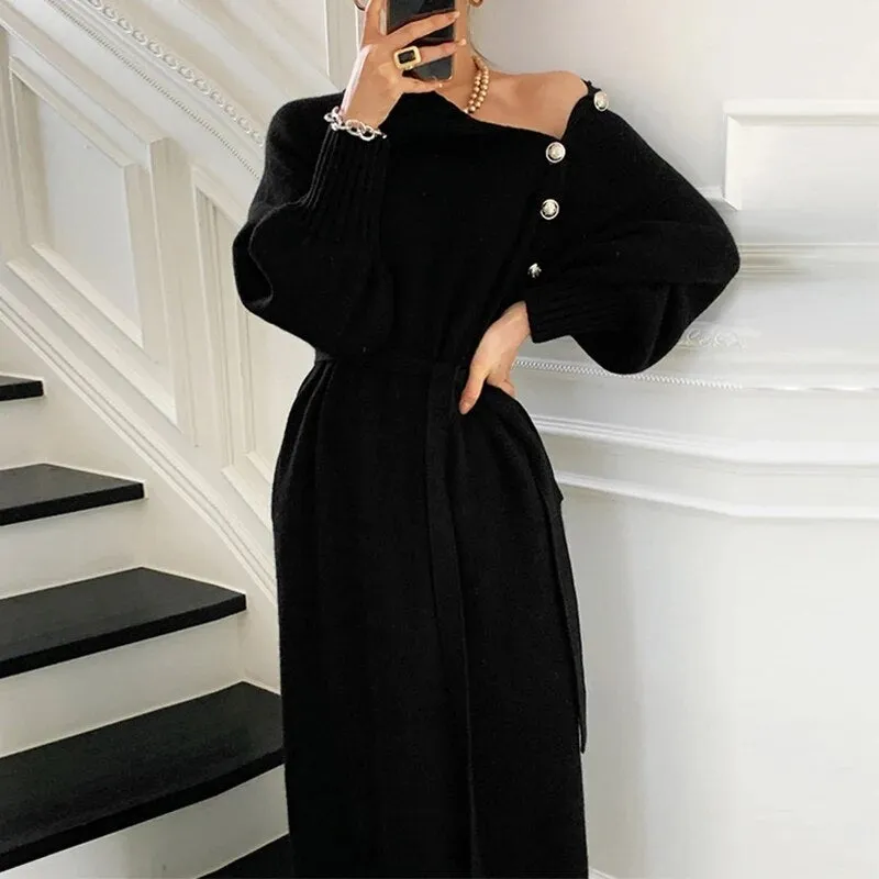 Women Knitted Dress Elegant Full Sleeve Turtleneck Sweater Dress with Button Decoration