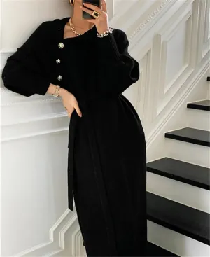 Women Knitted Dress Elegant Full Sleeve Turtleneck Sweater Dress with Button Decoration