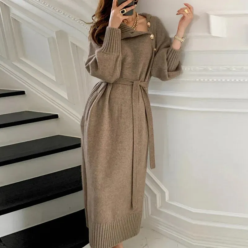 Women Knitted Dress Elegant Full Sleeve Turtleneck Sweater Dress with Button Decoration