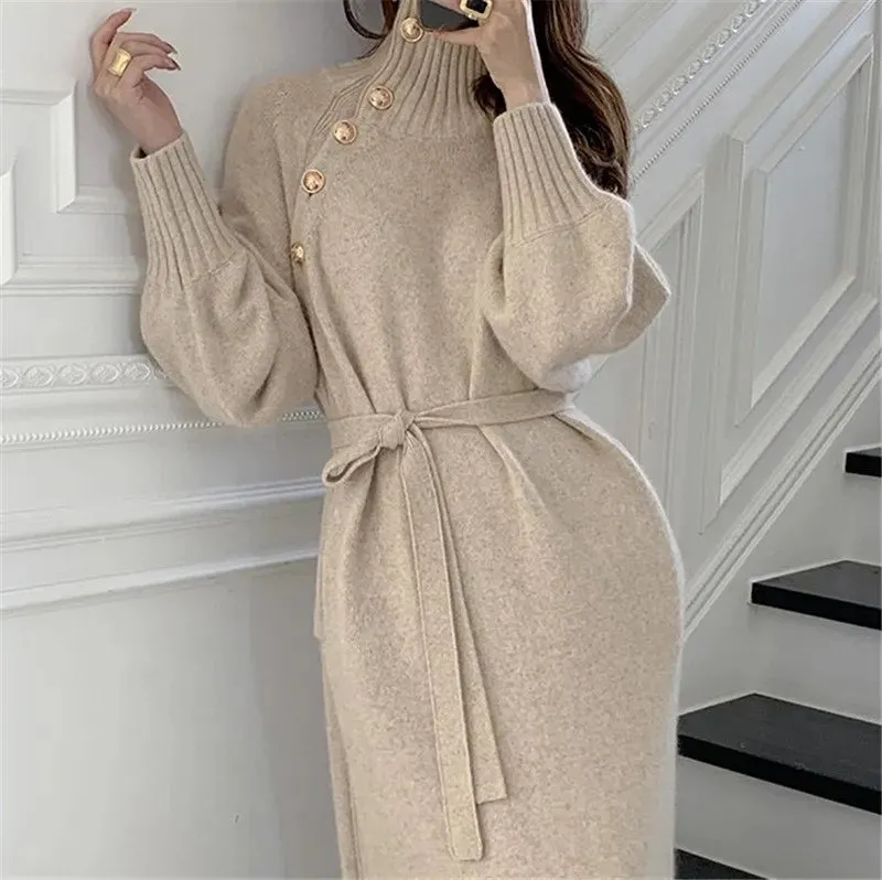 Women Knitted Dress Elegant Full Sleeve Turtleneck Sweater Dress with Button Decoration