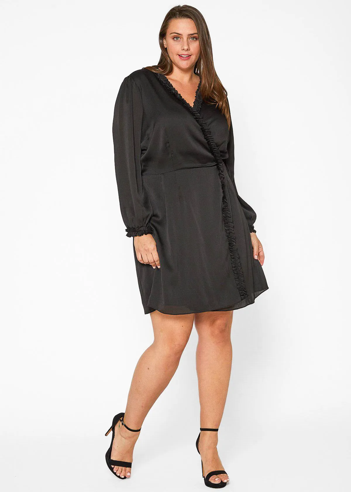 Women's Plus Size Ruffle Trim Long Sleeve Wrap Dress in Black