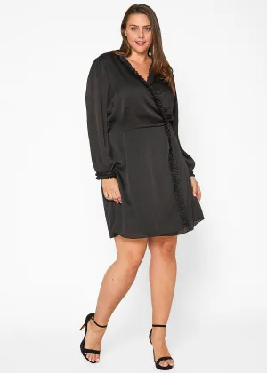 Women's Plus Size Ruffle Trim Long Sleeve Wrap Dress in Black