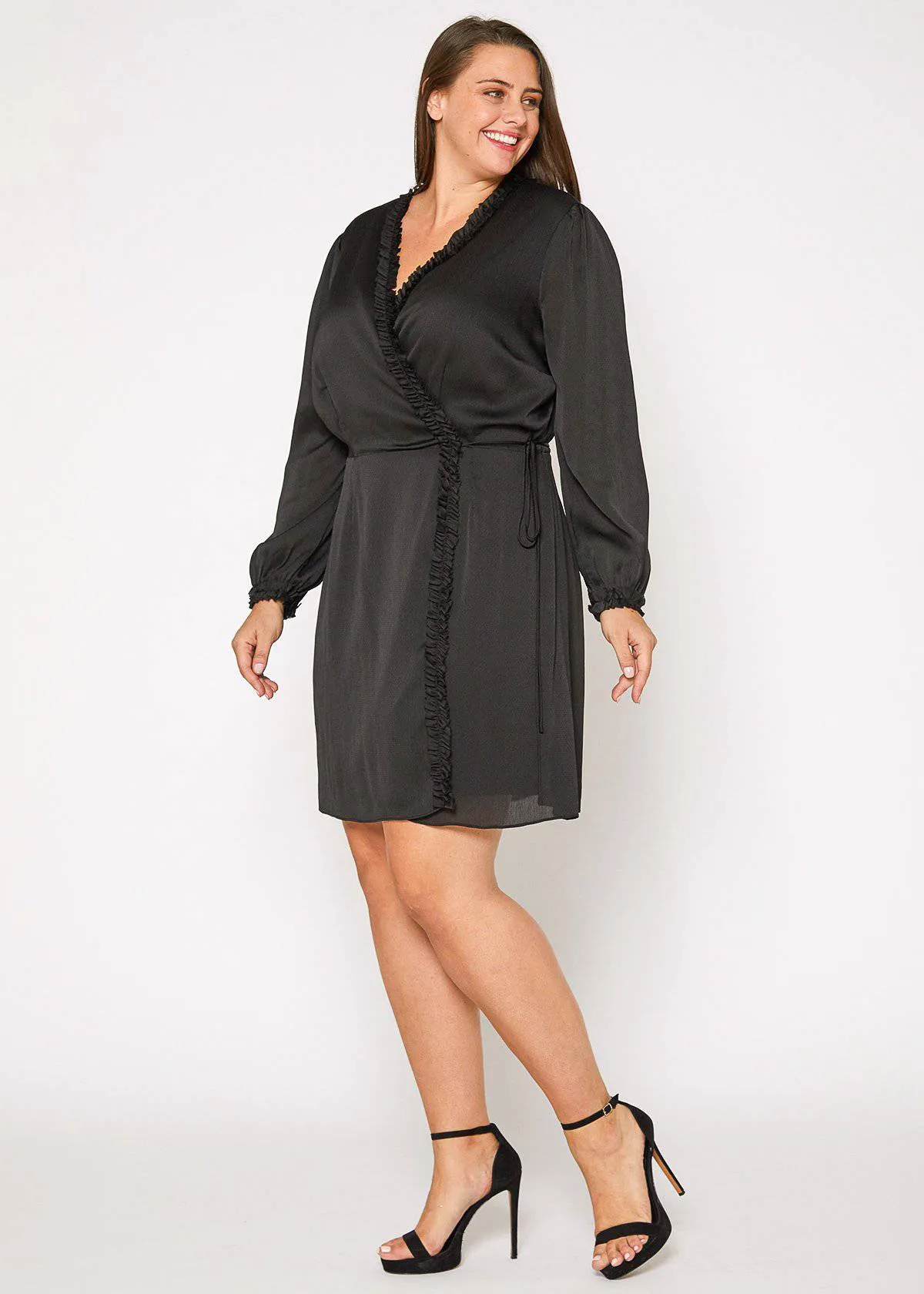 Women's Plus Size Ruffle Trim Long Sleeve Wrap Dress in Black