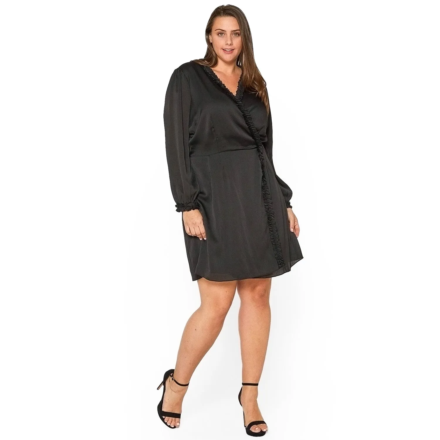 Women's Plus Size Ruffle Trim Long Sleeve Wrap Dress in Black