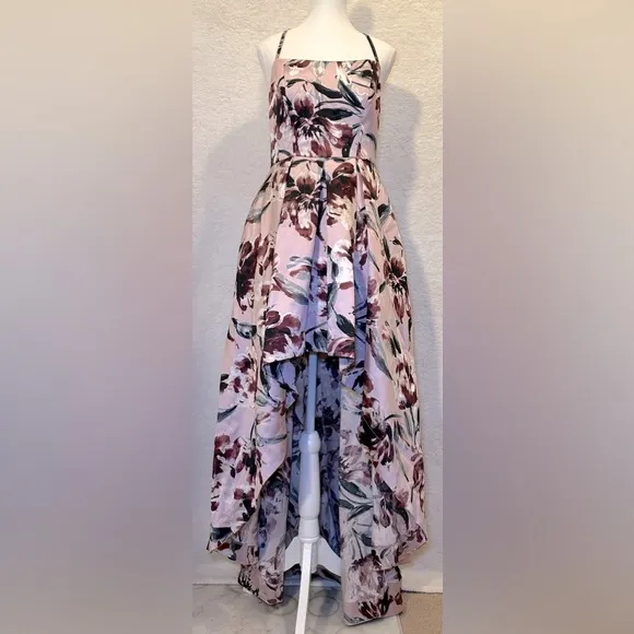 Xtraordinary hi-lo formal gown dress pink purple floral sleeveless spring pastel