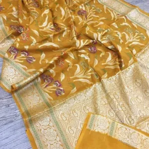 Yellow Banarasi Meenakari Saree for Haldi event