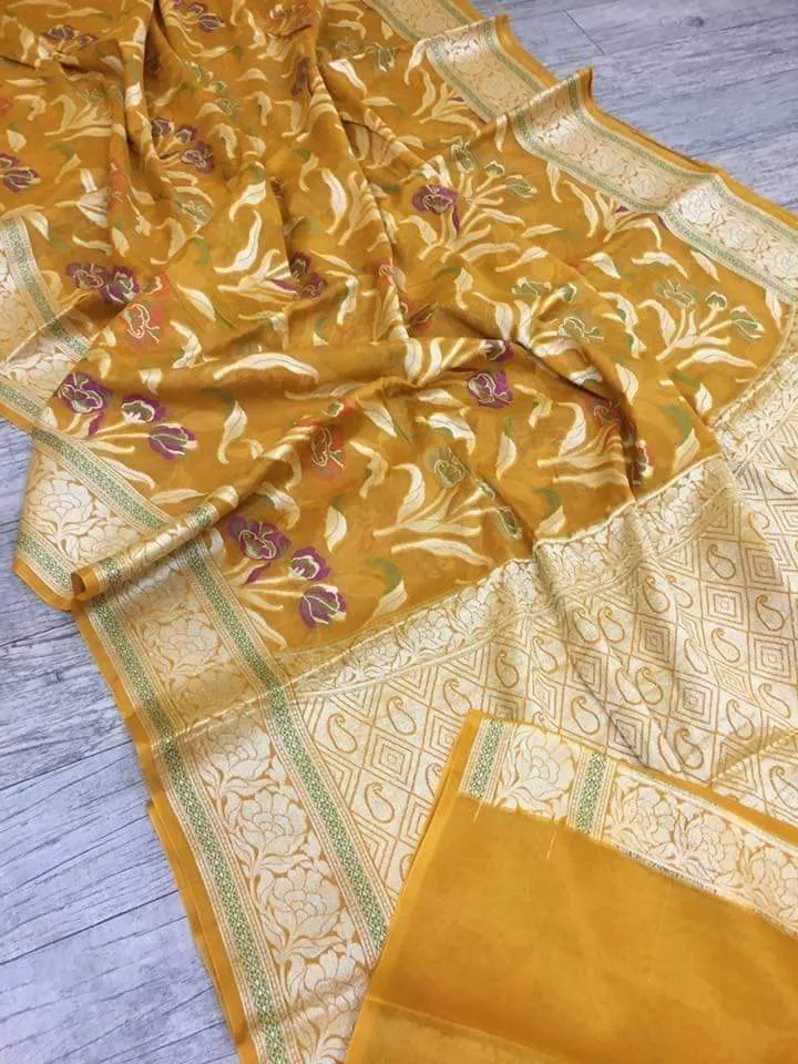 Yellow Banarasi Meenakari Saree for Haldi event