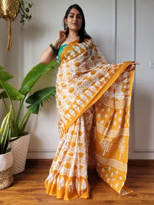 Yellow Floral Hand Block Print MulMul Cotton Saree