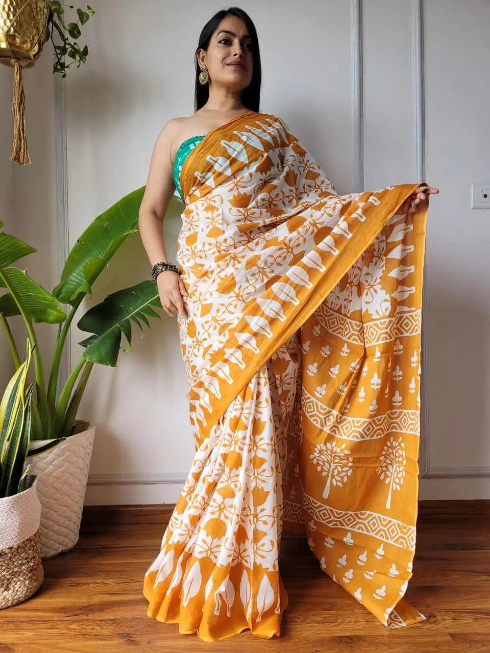 Yellow Floral Hand Block Print MulMul Cotton Saree